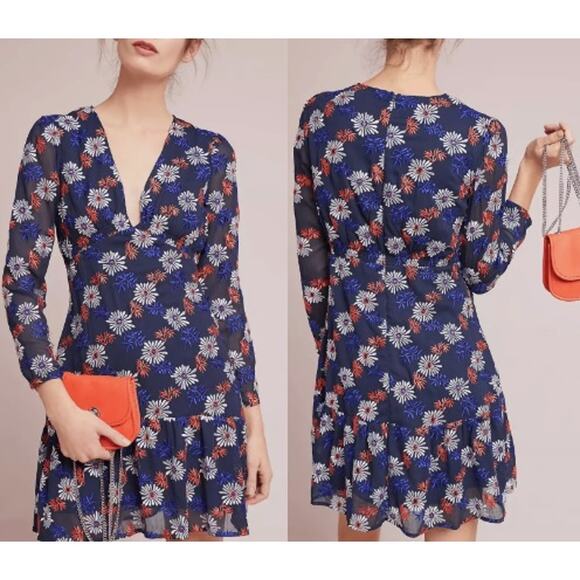 Ella Moss Every Embroidered Zoelie V Neck Chiffon Floral Mini Dress Blue XS - Picture 2 of 16